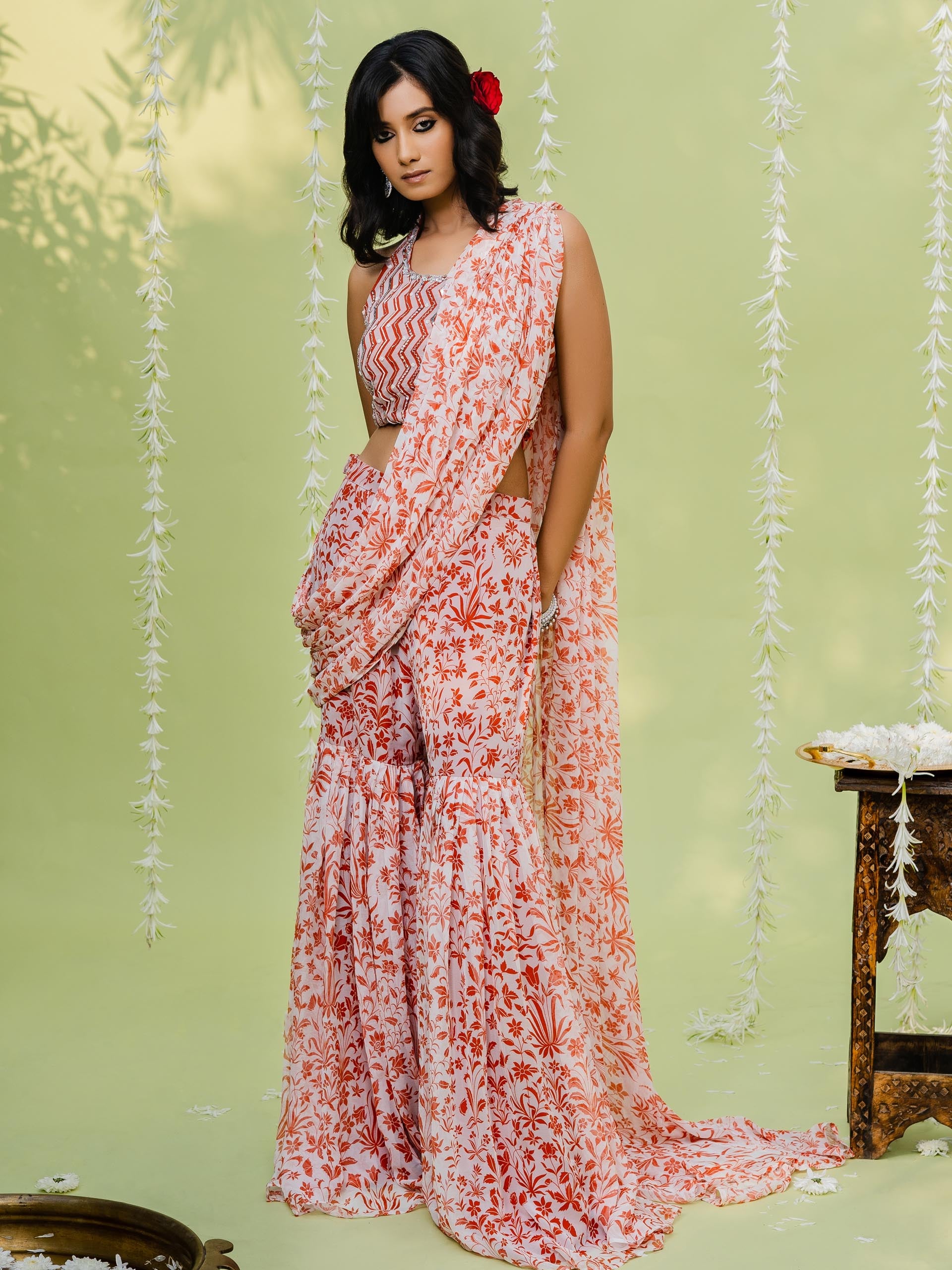 Red Orange Sharara Saree Set - Custom image