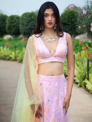 Pink Floral Multi Sequins Co-ord Set With Yellow Dupatta image 2