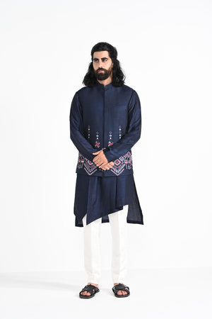 Navy Phulkari Inspired Nehru With Overlapping Layered Kurta Set image 5