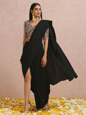 Black and Peach Pre Draped Saree Set image 4
