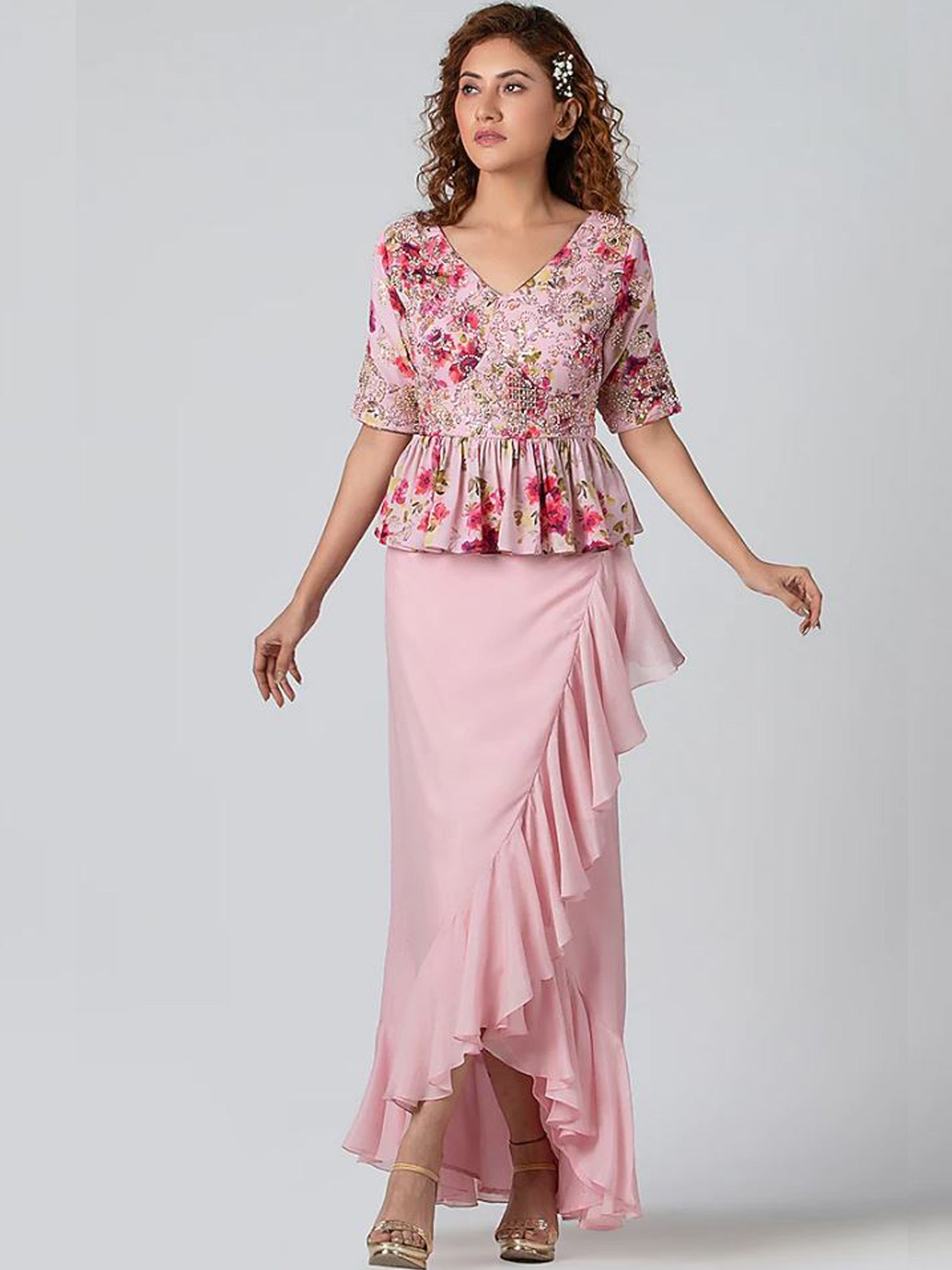 Light Pink Draped Skirt Set - S image