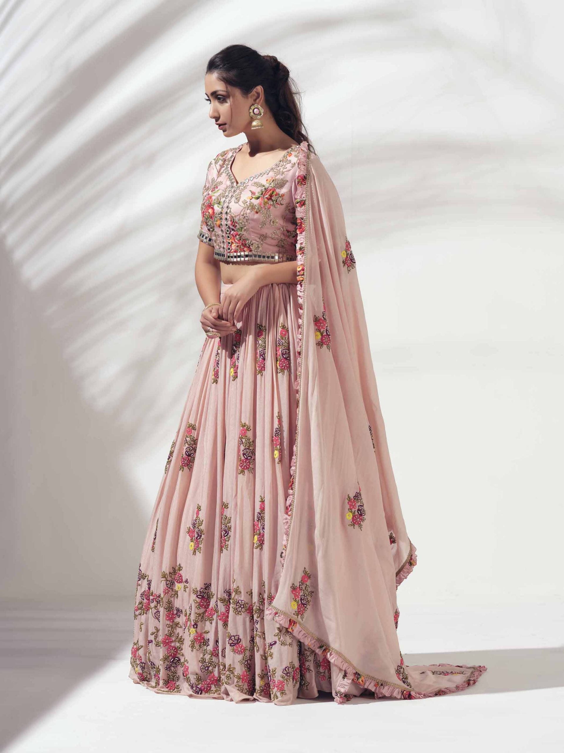 Pink Floral Lehenga with Mirror Work Blouse image 3