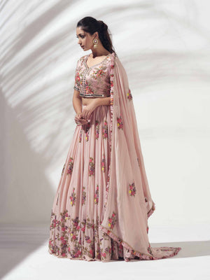 Pink Floral Lehenga with Mirror Work Blouse image 3