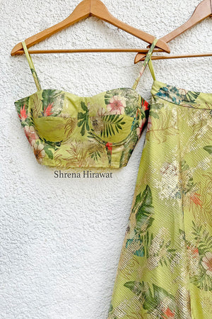Lime Green Bustier and Lehenga in Mystic Florals with Metallic Gold image 1