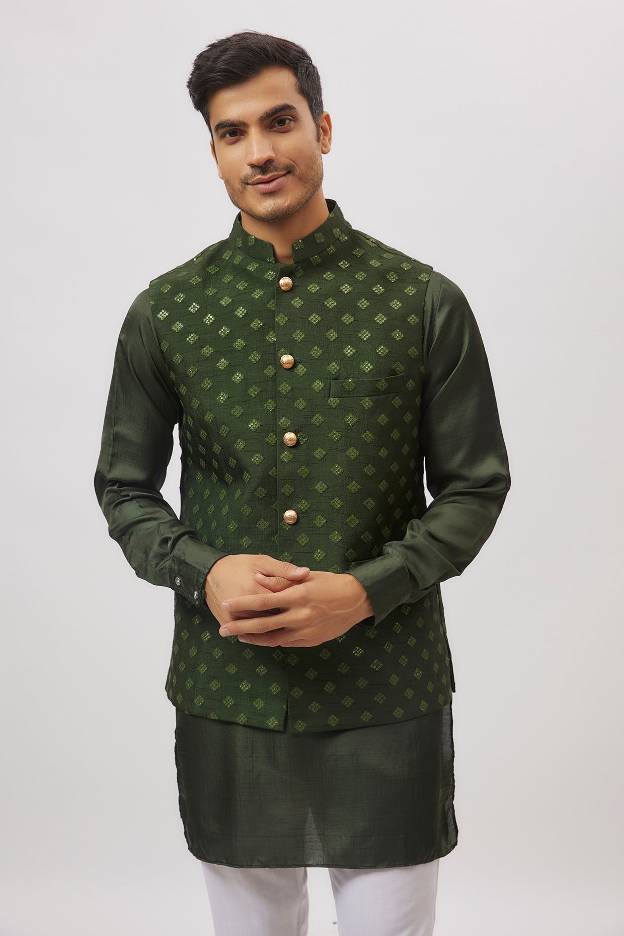 Emerald Green Embroidered Jacket Kurta Set image 2