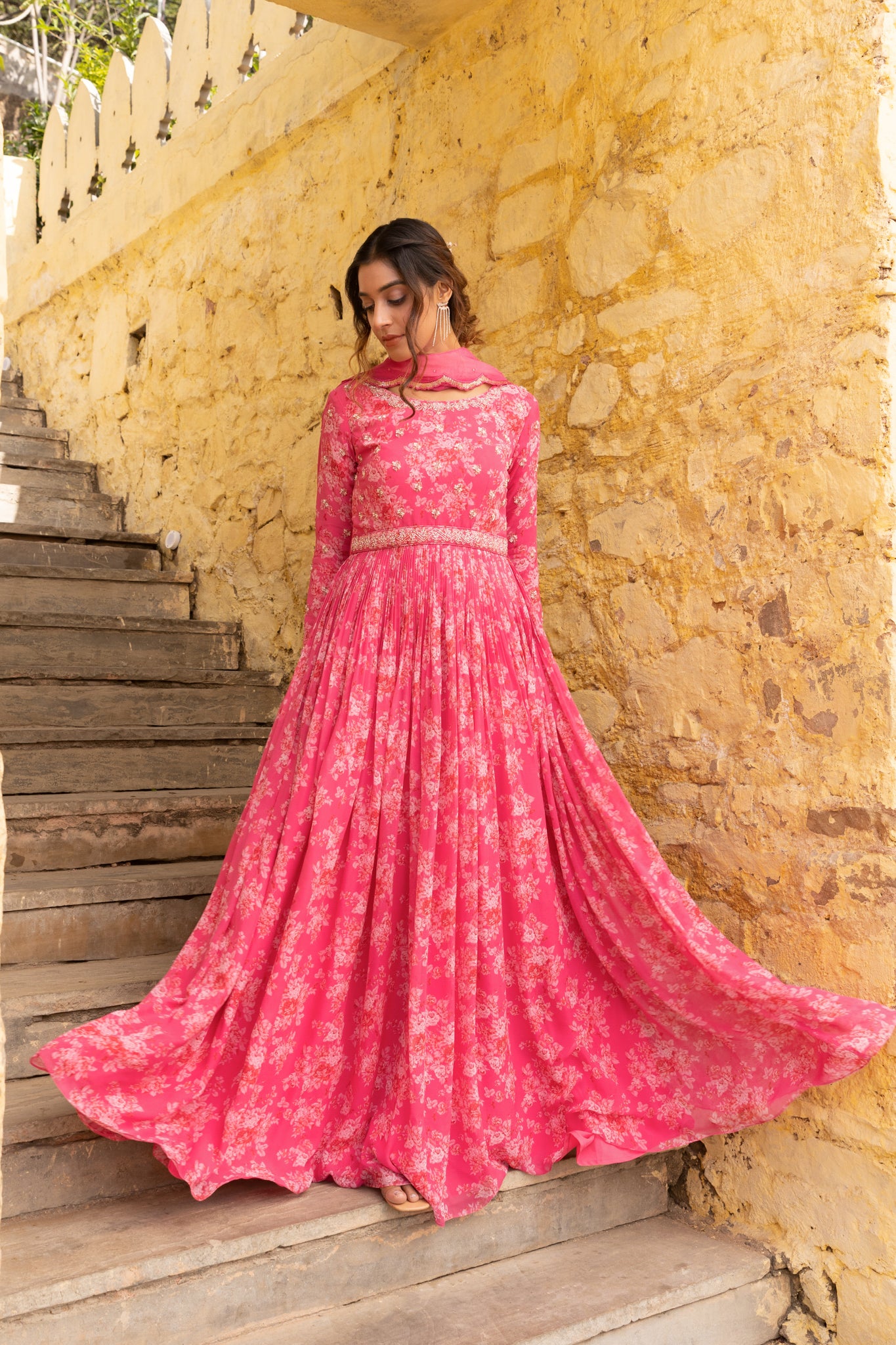 Fuchsia Pink Embroidered Yoke Anarkali Set image 1