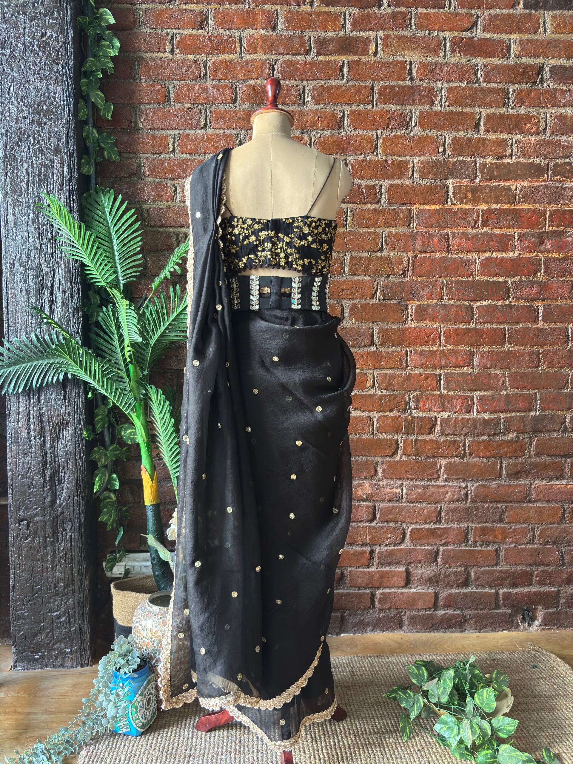 Black Organza Saree with Mirror Work Corset Belt image 2