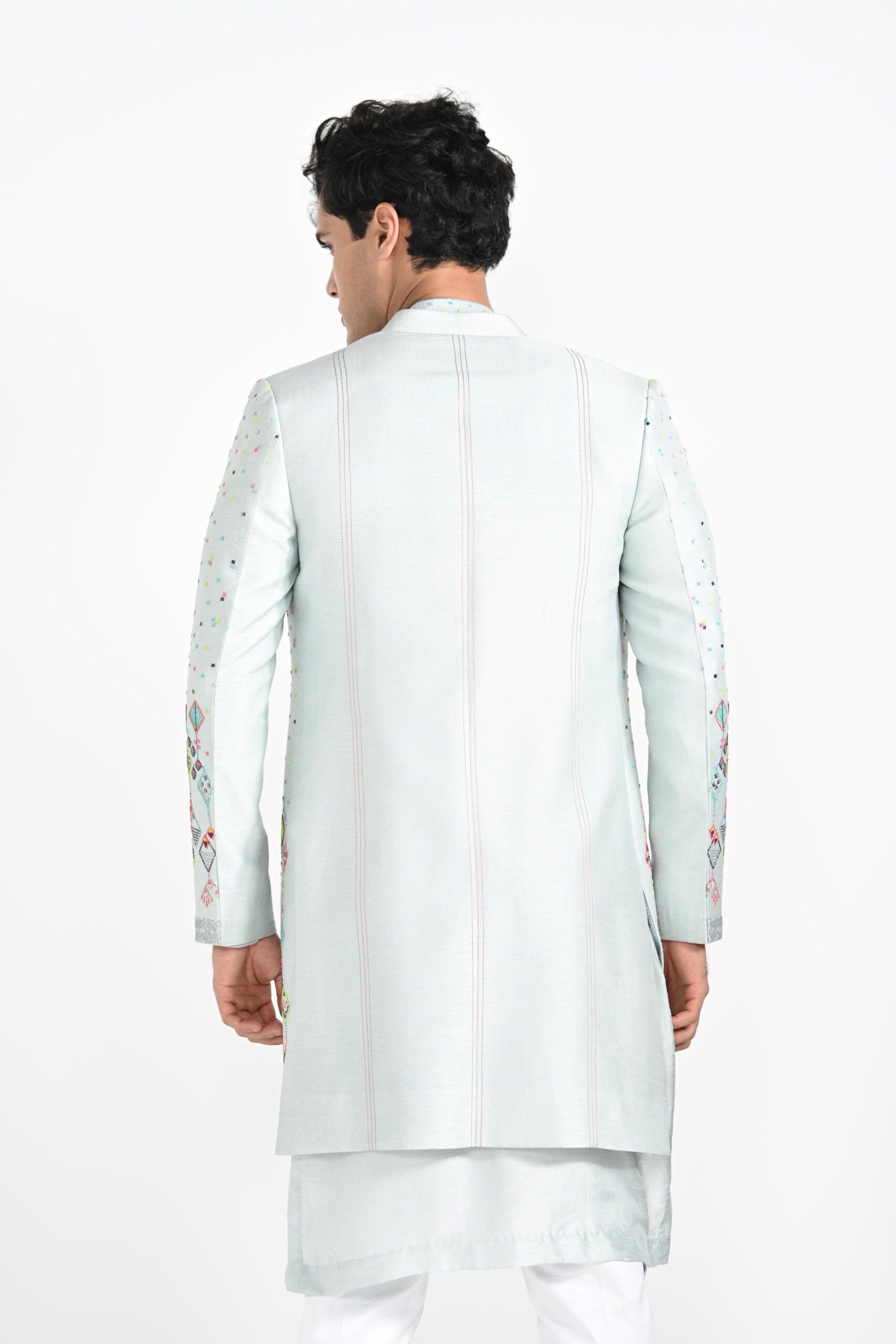 Ice Blue Multicoloured Geometric Motif Achkan Set image 1