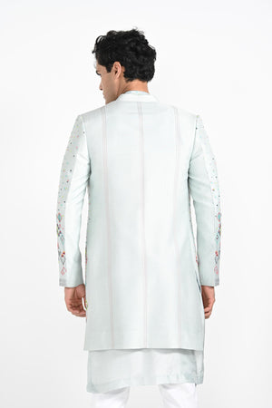 Ice Blue Multicoloured Geometric Motif Achkan Set image 1