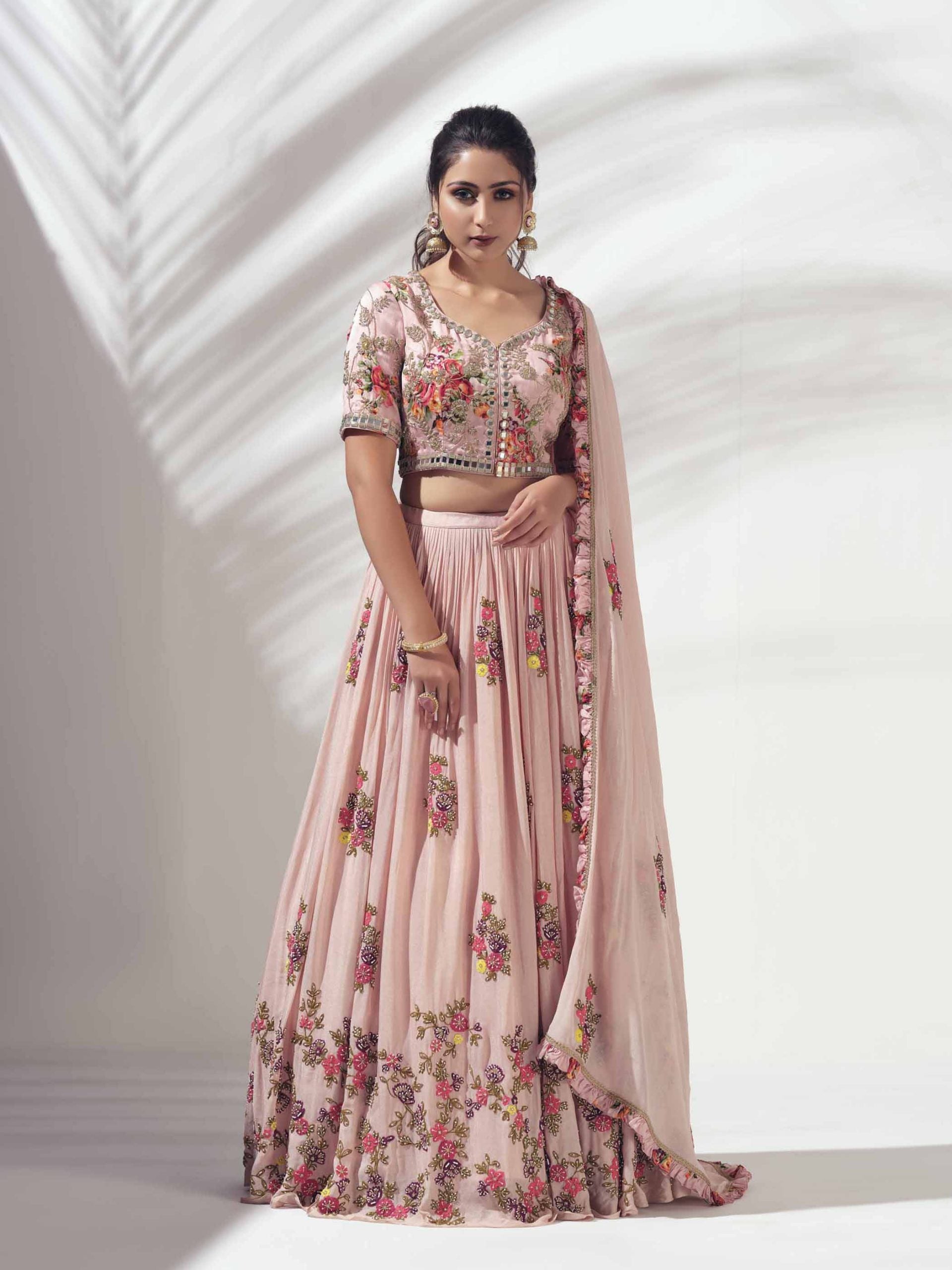 Pink Floral Lehenga with Mirror Work Blouse - M image