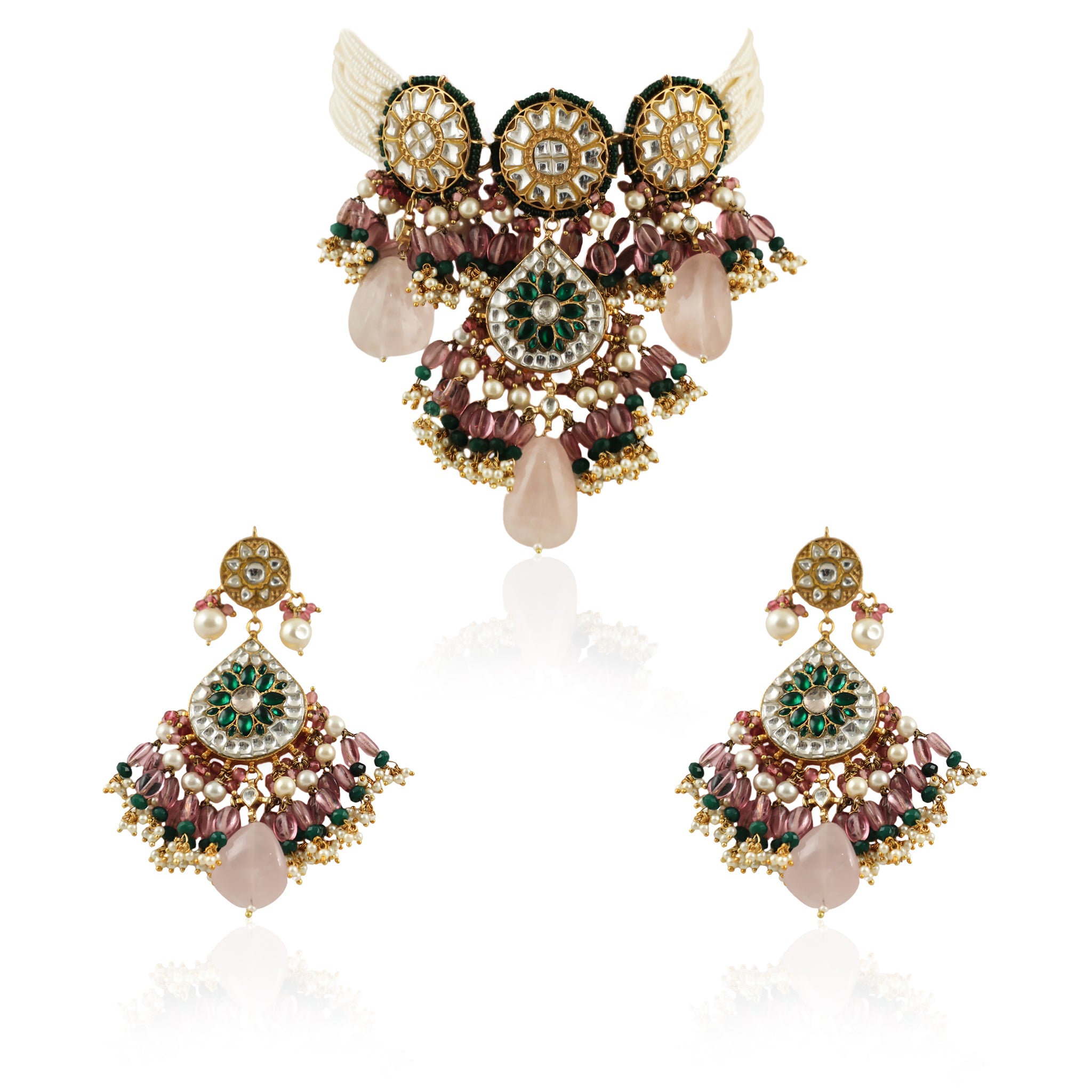White And Green Stone Chokers Necklace Set image 0