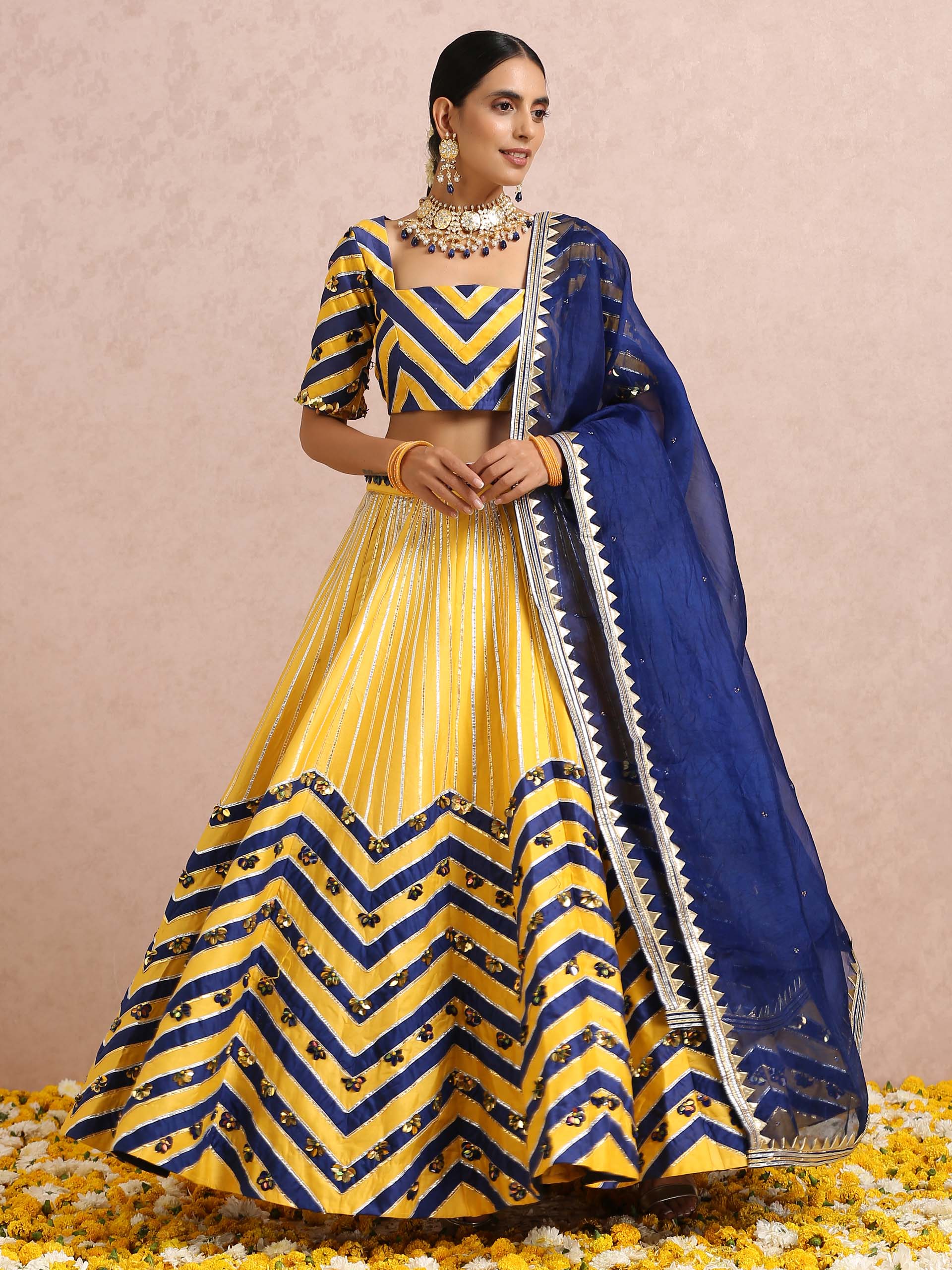 Yellow and Ink Blue Color Block Lehenga Set image 3
