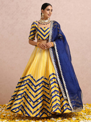 Yellow and Ink Blue Color Block Lehenga Set image 3