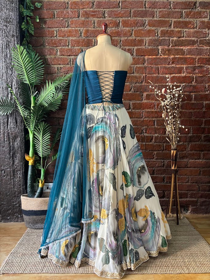 Off White and Blue Corset Lehenga Set image 4