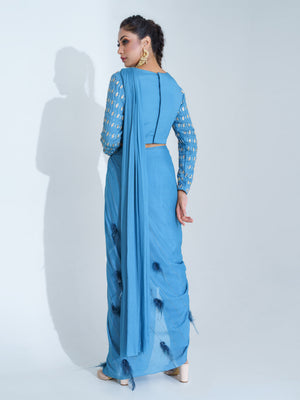Blue Embroidered Pant Saree Set image 1