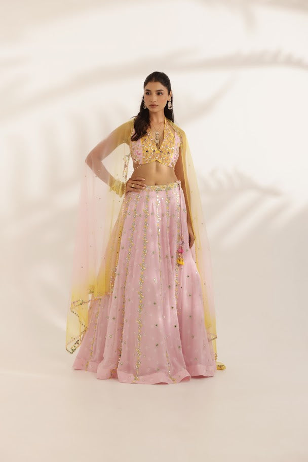 Pastel Pink and Yellow Mirror Work lehenga image 6
