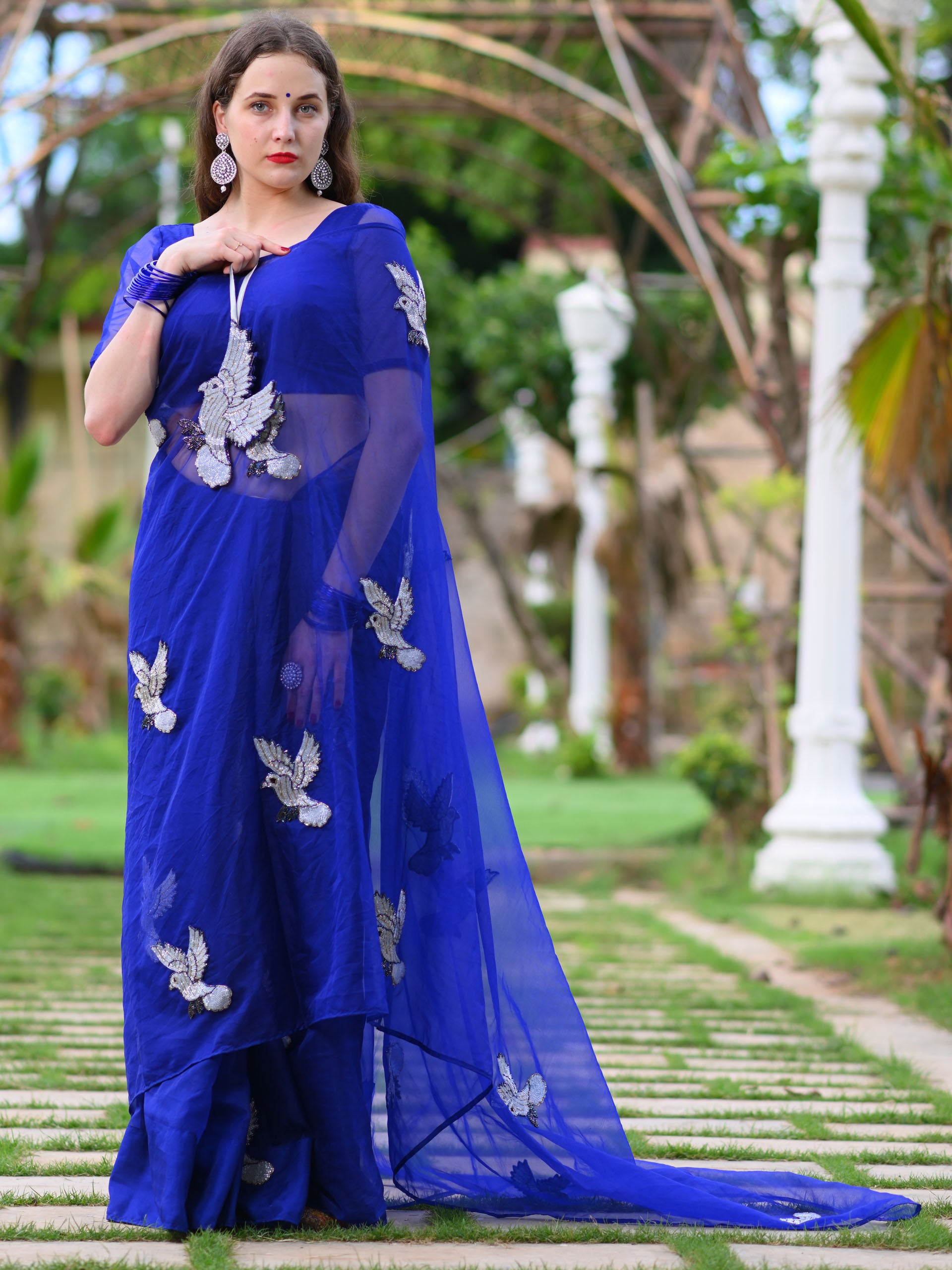 Midnight Blue Bird Saree Set - M image
