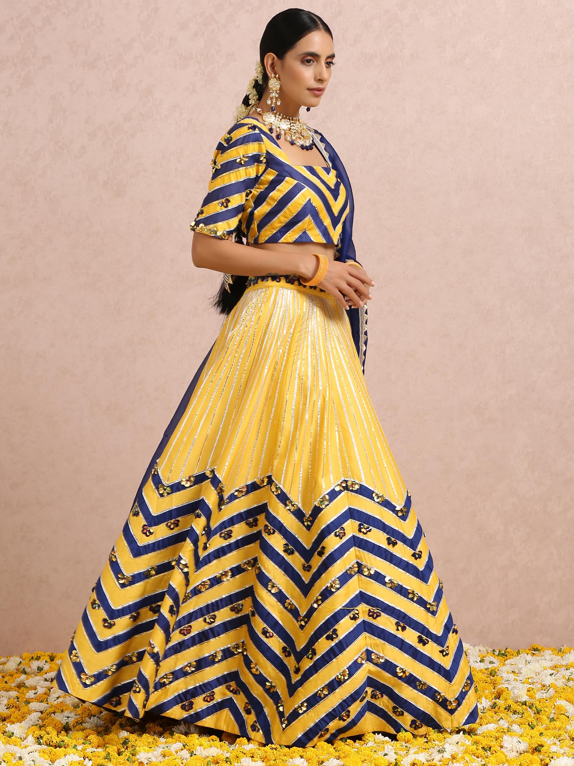 Yellow and Ink Blue Color Block Lehenga Set image 4