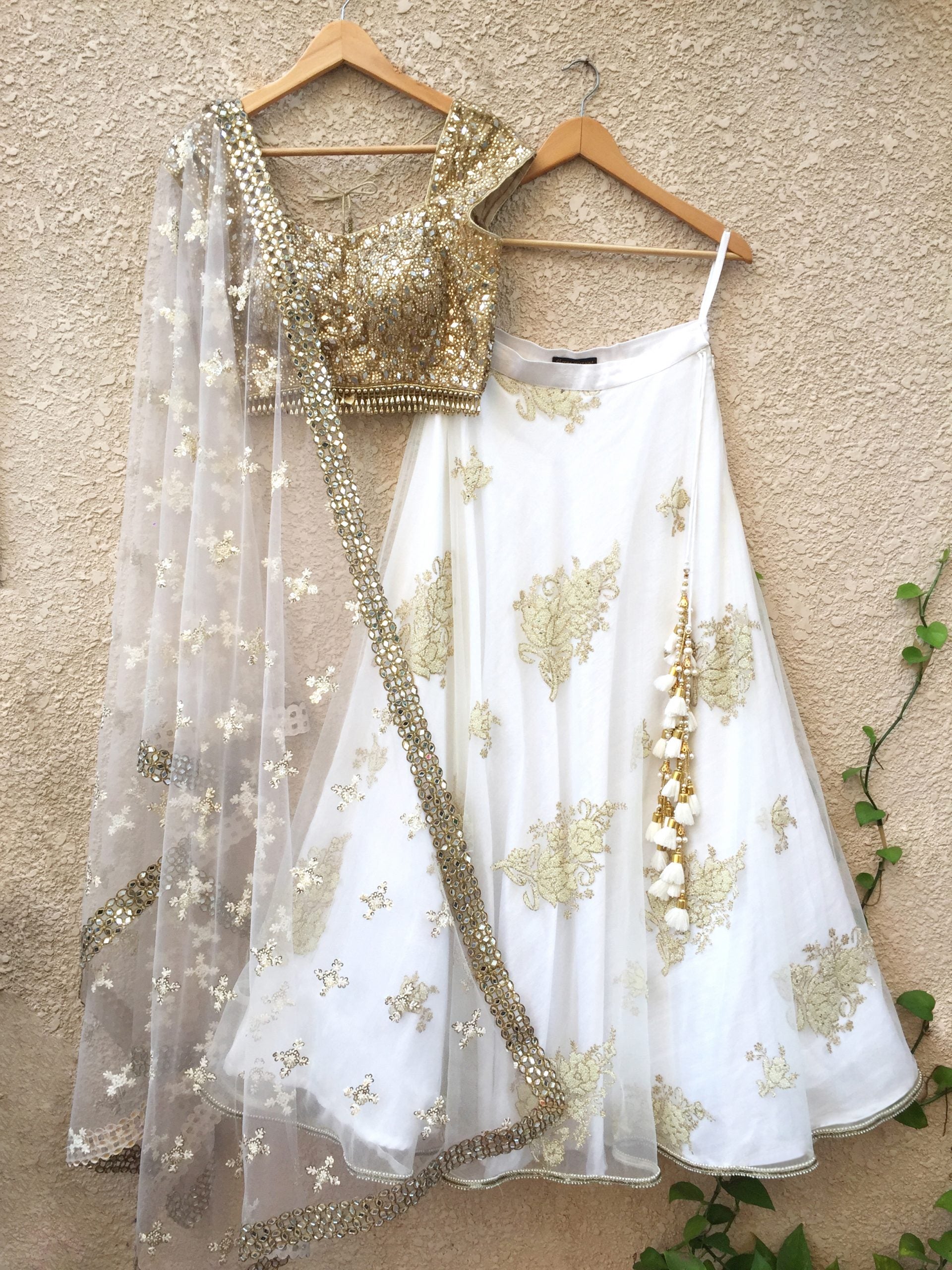 White Pearl Lehenga with Gold Mirror Work Blouse - XS image