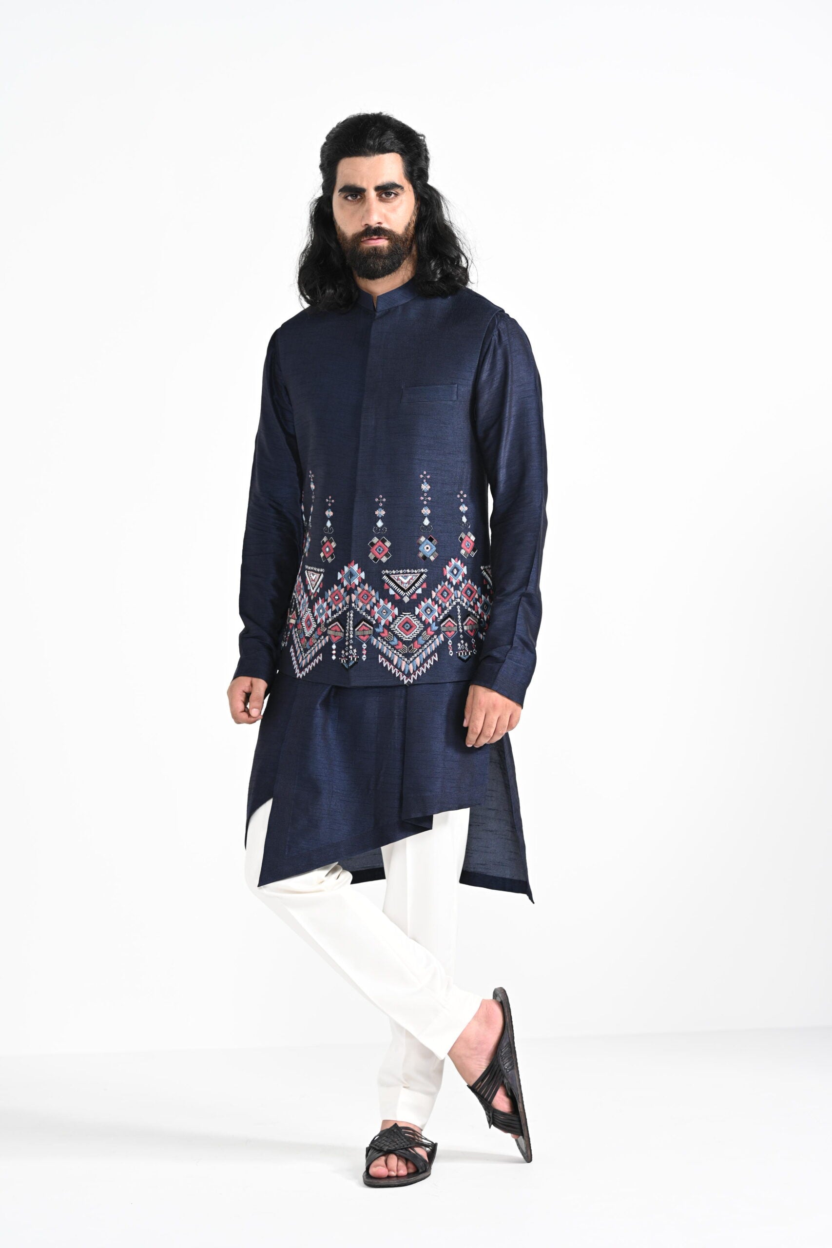 Navy Phulkari Inspired Nehru With Overlapping Layered Kurta Set - M image