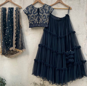 Black Tulle Tier Ruffle Lehenga Set image 2