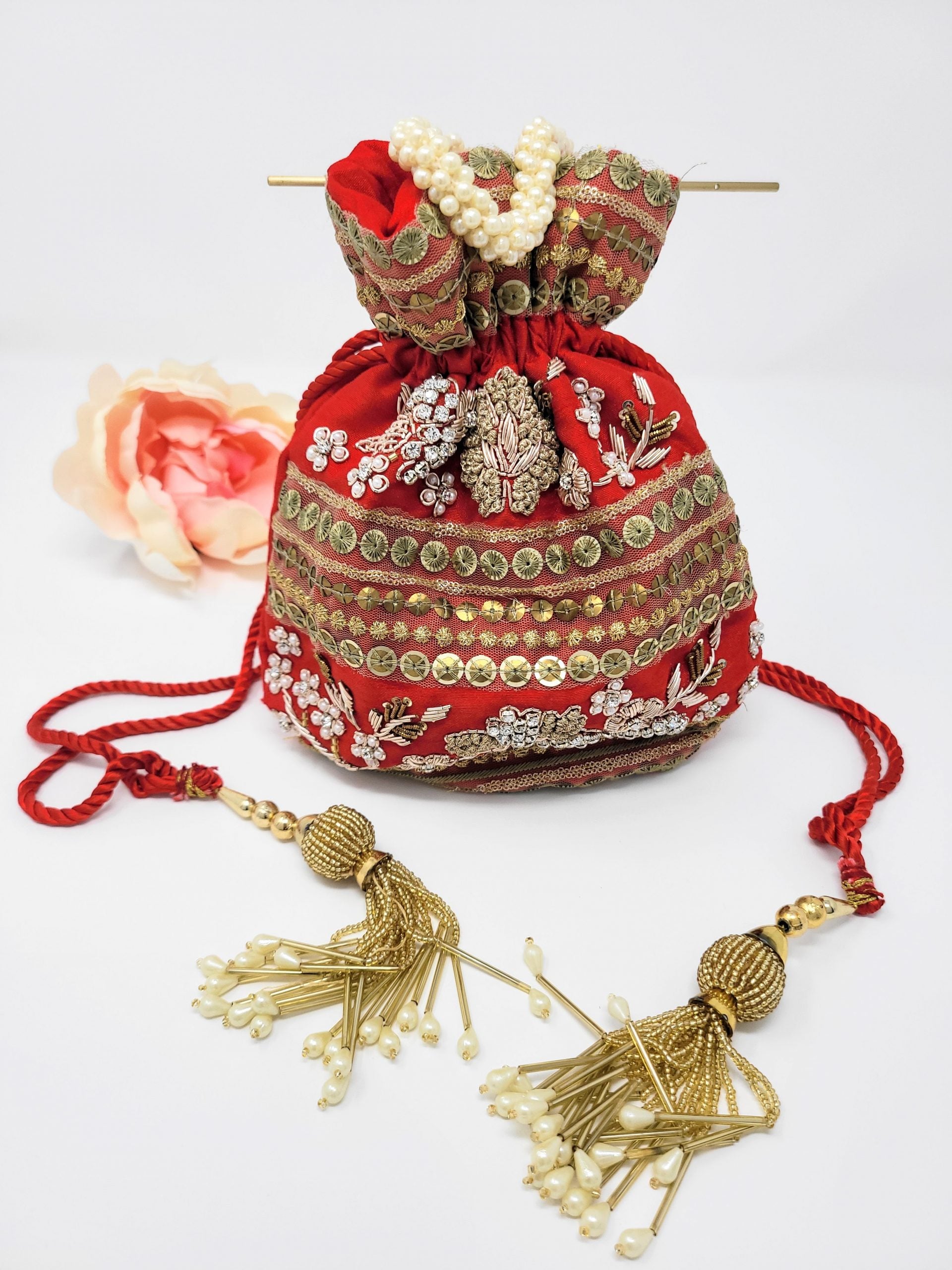Red Potli Bag with Gold Pearl Tassels image 0