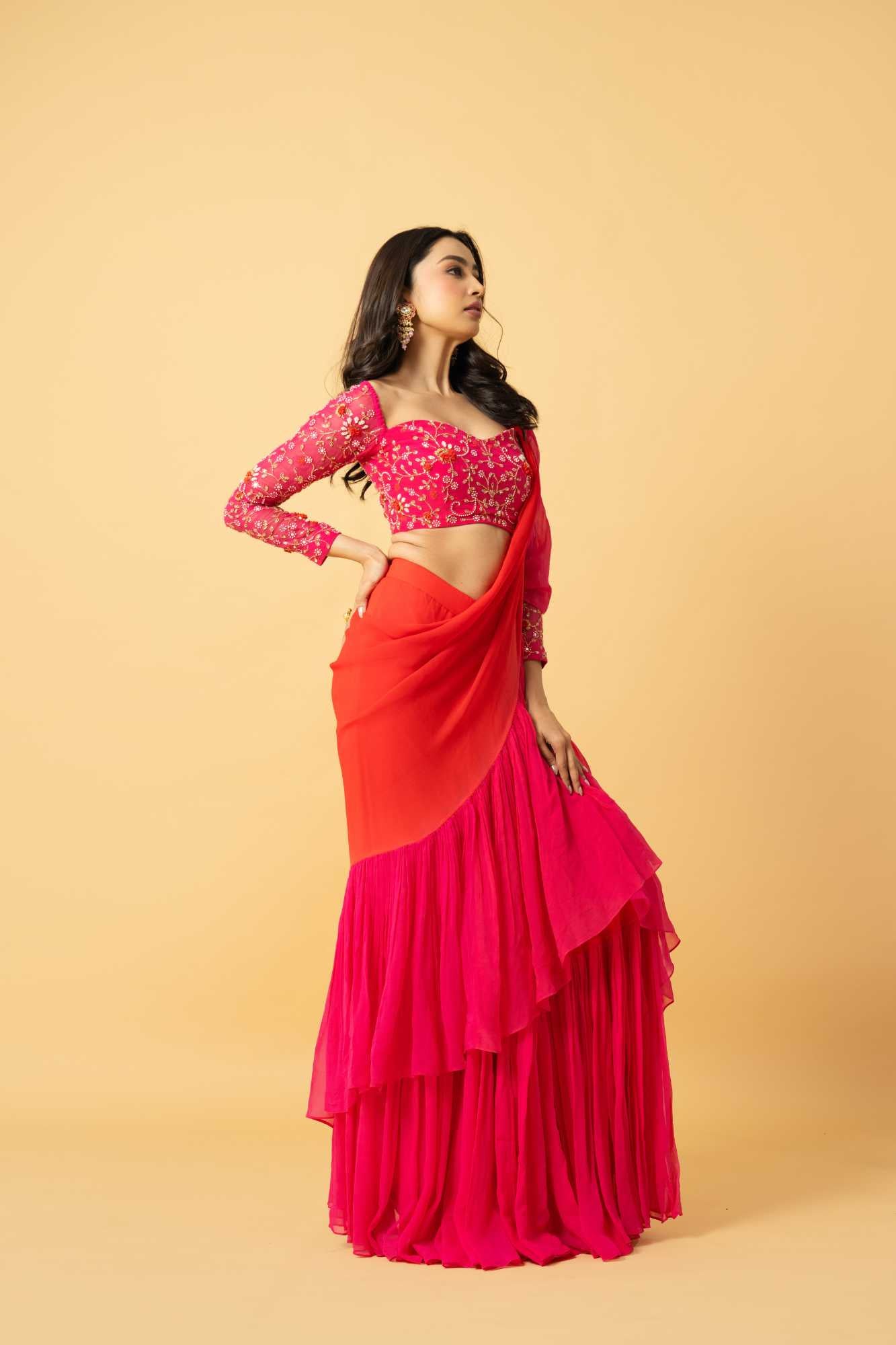 Pink and Orange Georgette Ruffle Saree - Custom image