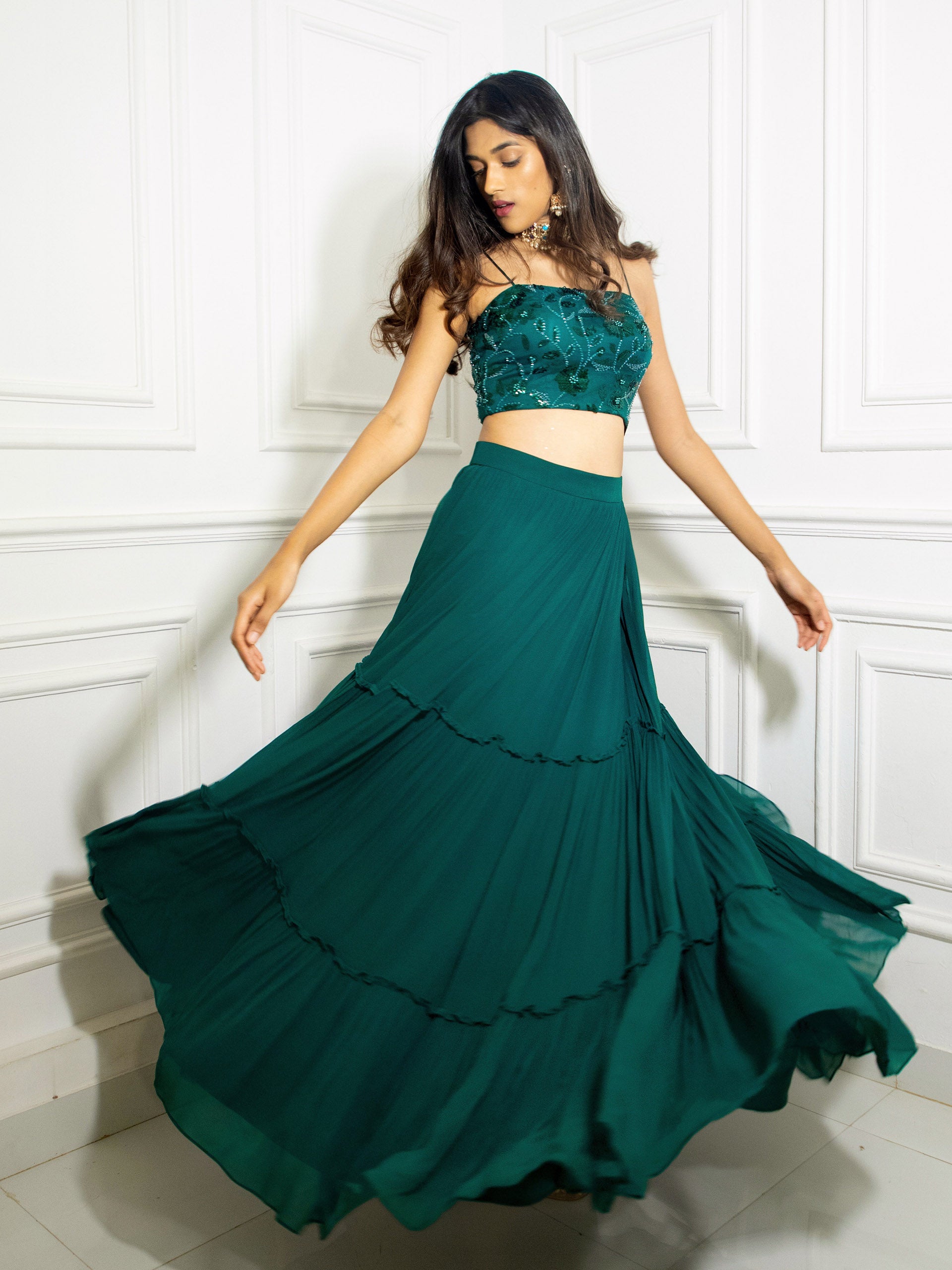 Emerald Green Sequins Lehenga Set - L image