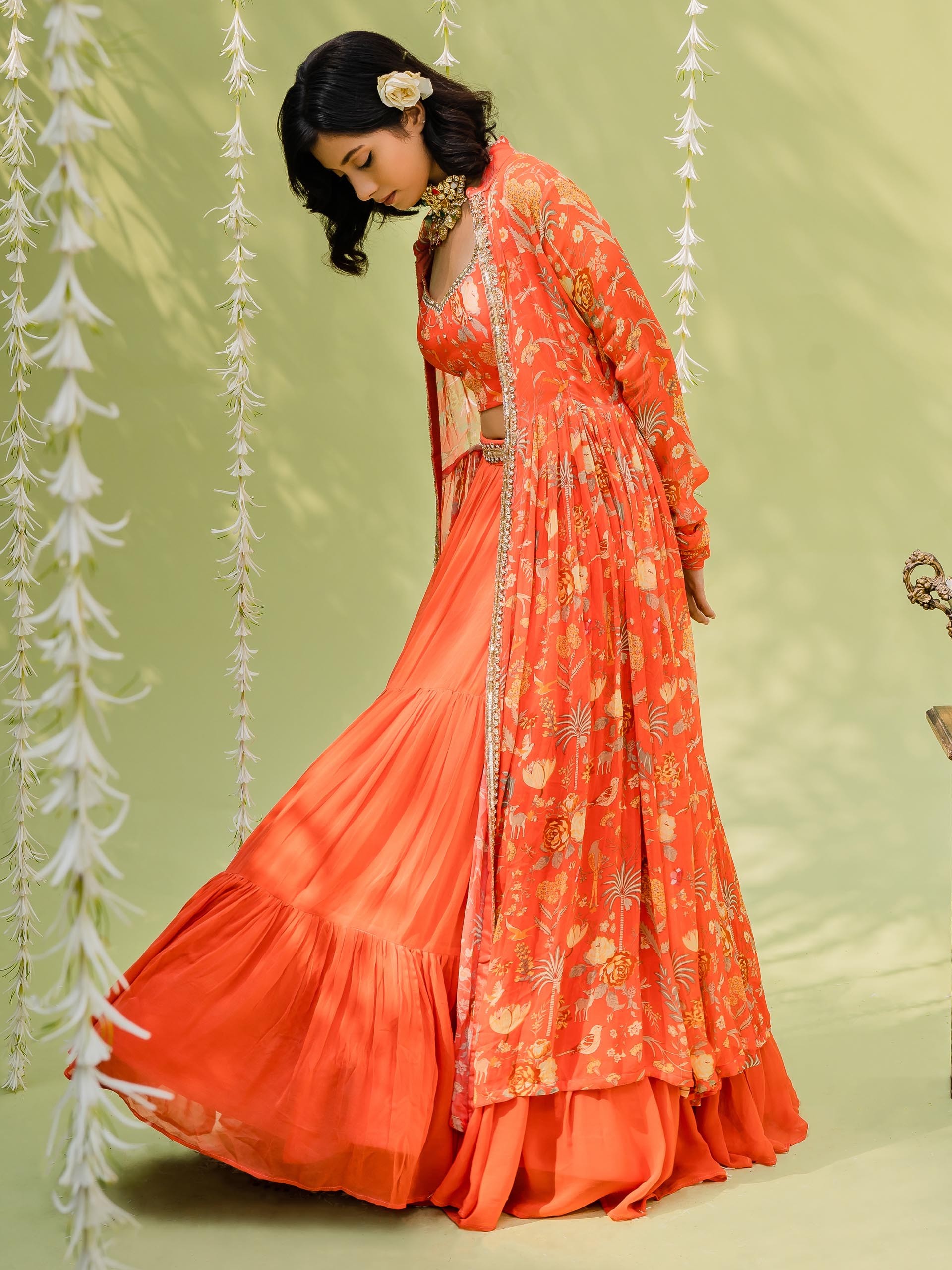 Rust Orange Garden Lehenga Set with Cape image 6