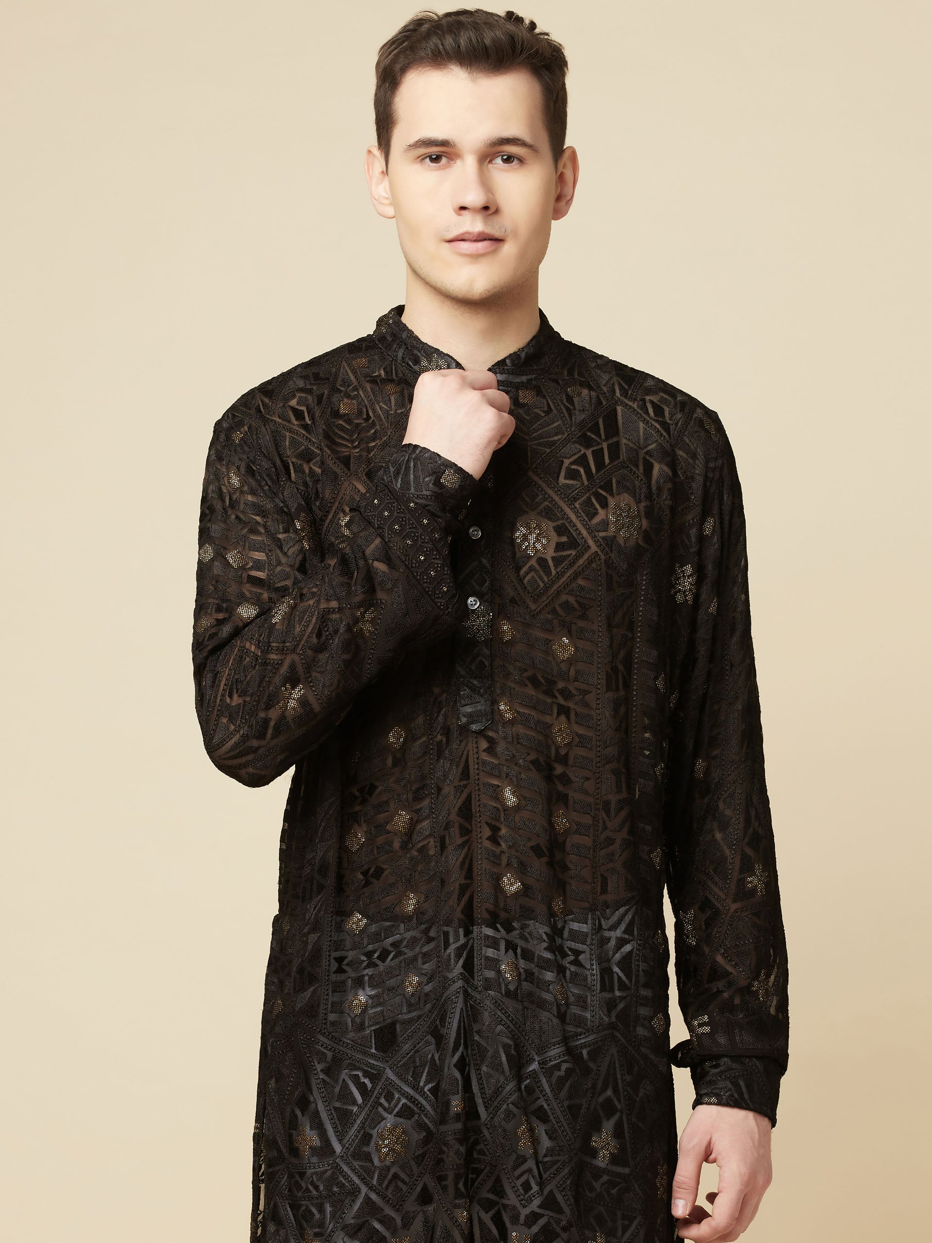 Black Lucknowi Embroidered Kurta Set image 6