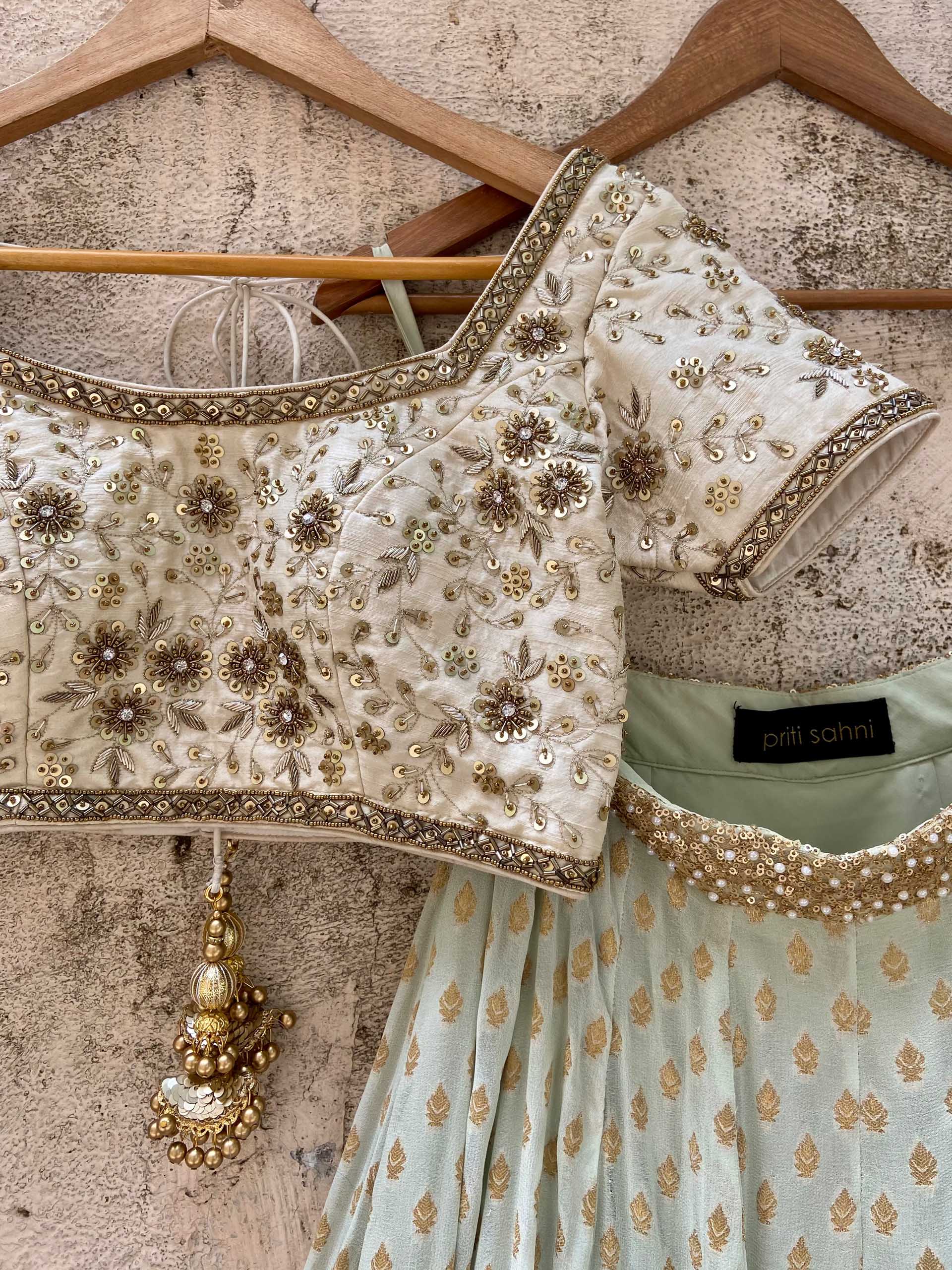 Pastel Mint Green Zari Lehenga Set image 2