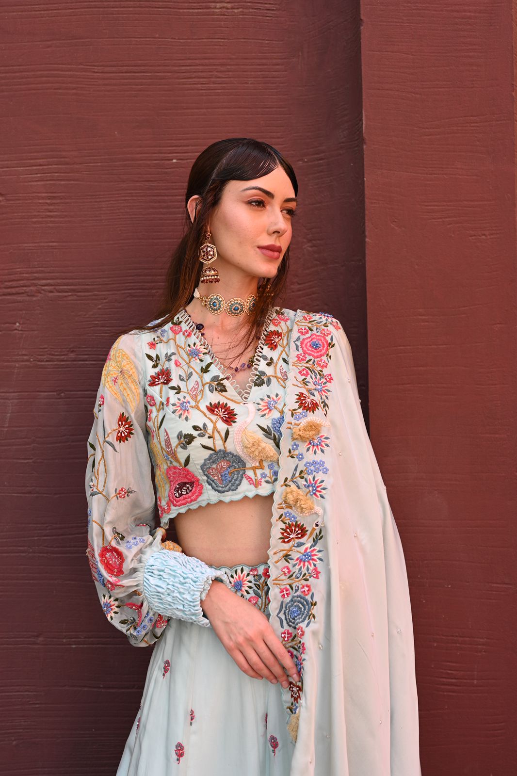 Powder Blue Flamingo Embroidered Lehenga Set - XL image