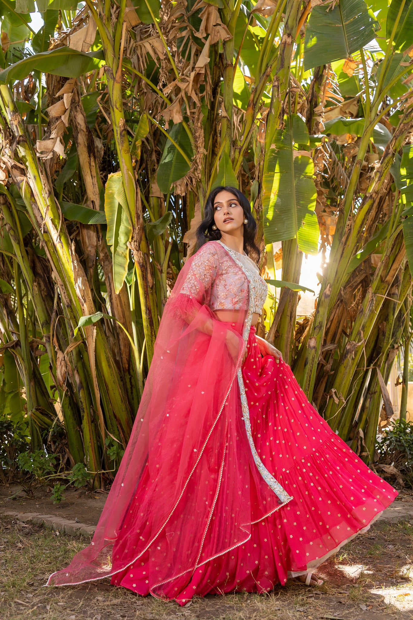 Coral Flair Sleeve Georgette &amp; Net Embroidered Lehenga Set image 5