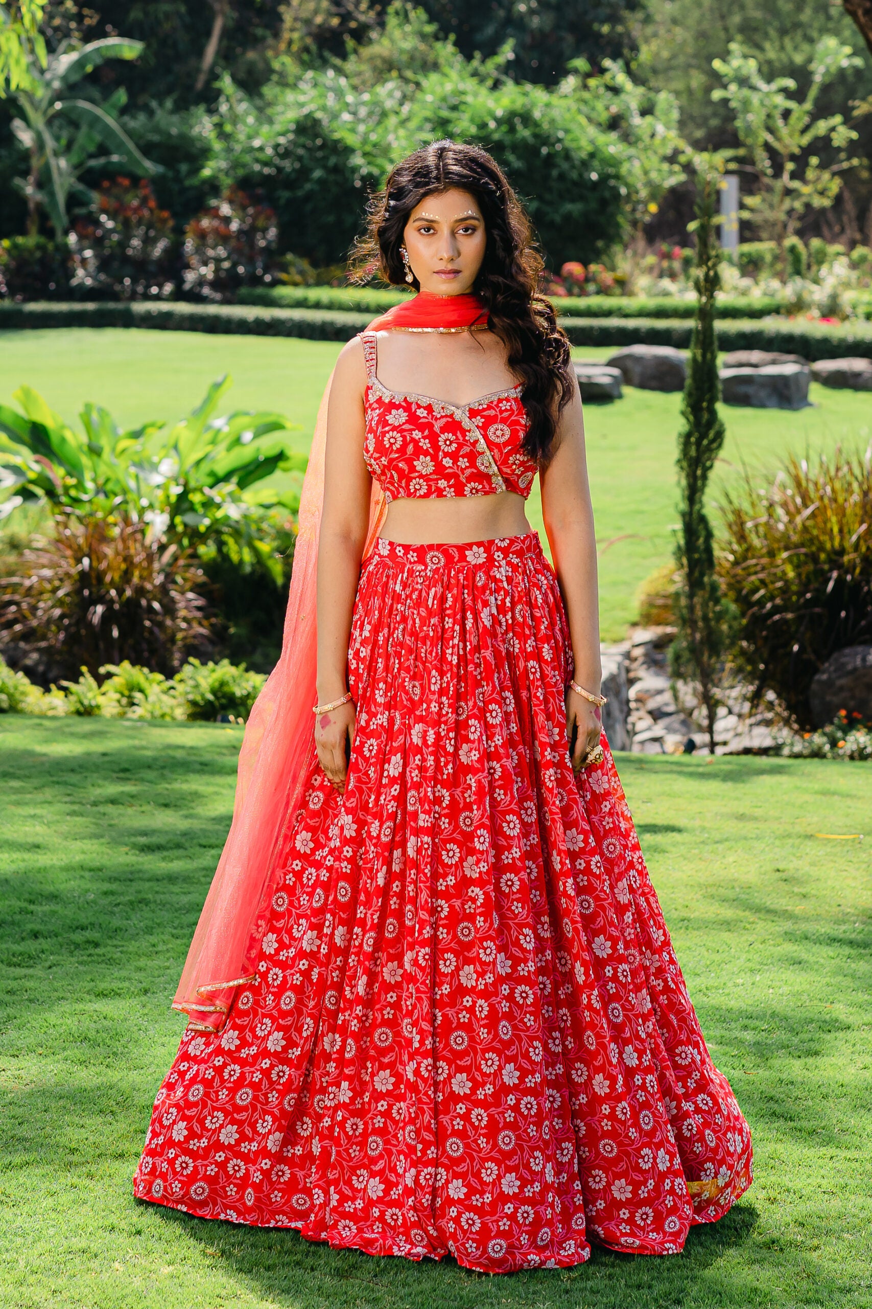 Cherry Red Floral Printed Lehenga Set - M image