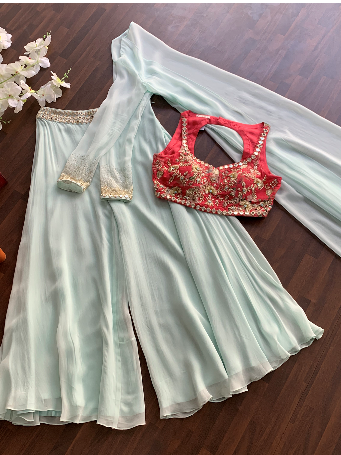 Sea Green And Red Palazzo Set image 2