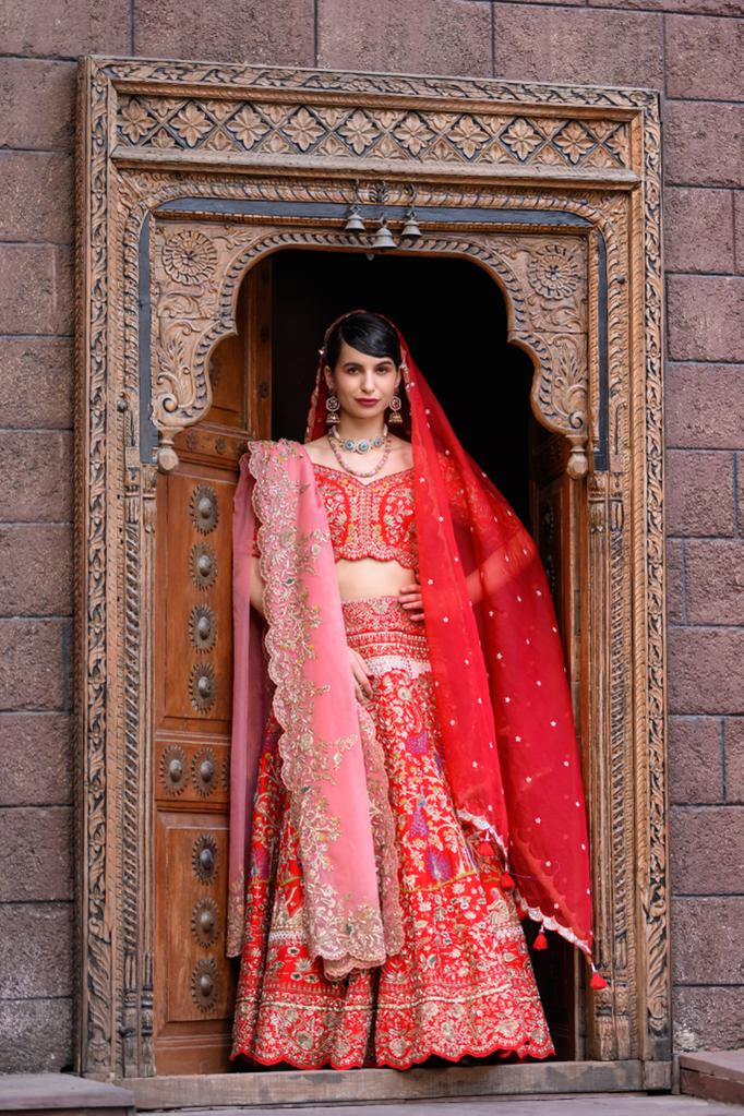 Red Bridal Boat Embroidered Lehenga Set image 1