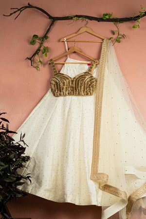 Ivory Stonework Lehenga with Gold Sequin Blouse Set - L image
