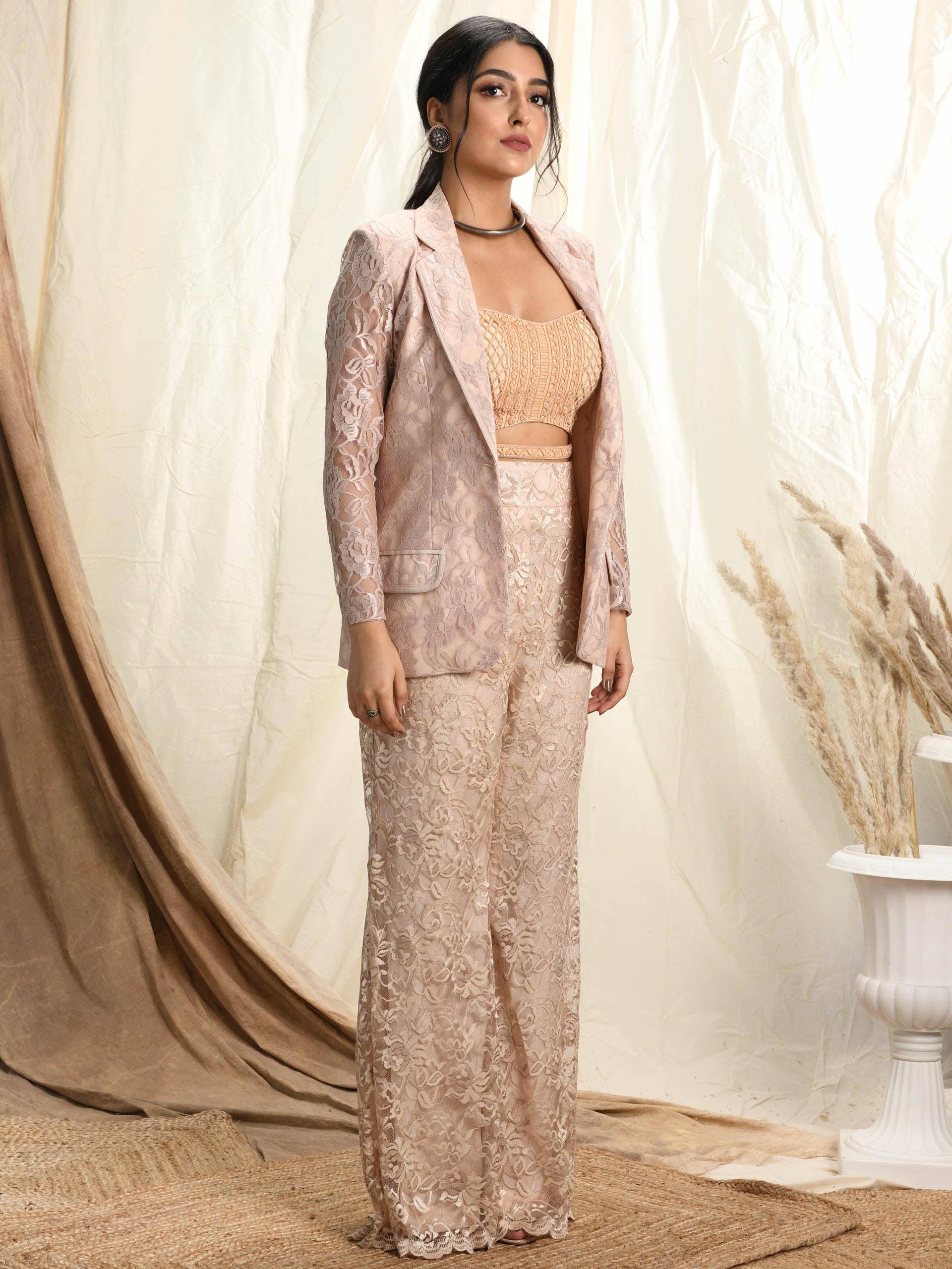 Nude Lace Blazer and Pant Suit Set image 1
