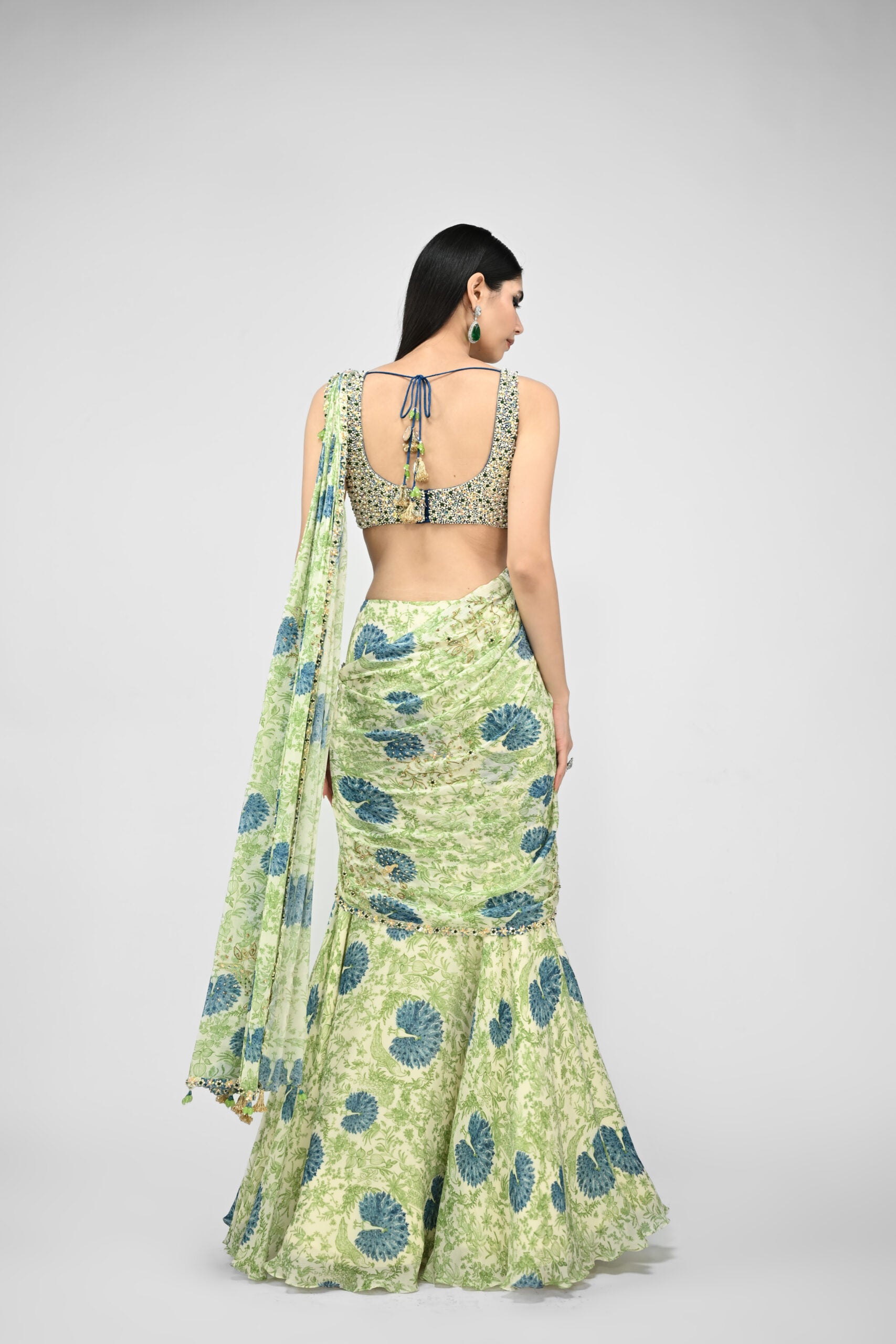 HIGHLIGHTED PRE STICHED PEACOCK SAREE PAIRED WITH BEAD BLOUSE image 5
