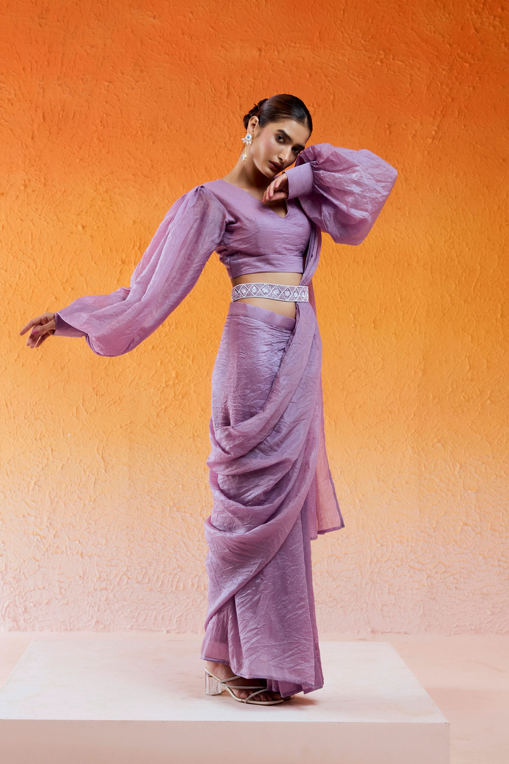 Lavender Embroidered Drape Saree Set with Belt image 3