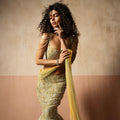 Fish Style Sage Green & Yellow Hand Embroidered Net and  Georgette Fishtail Saree image 0