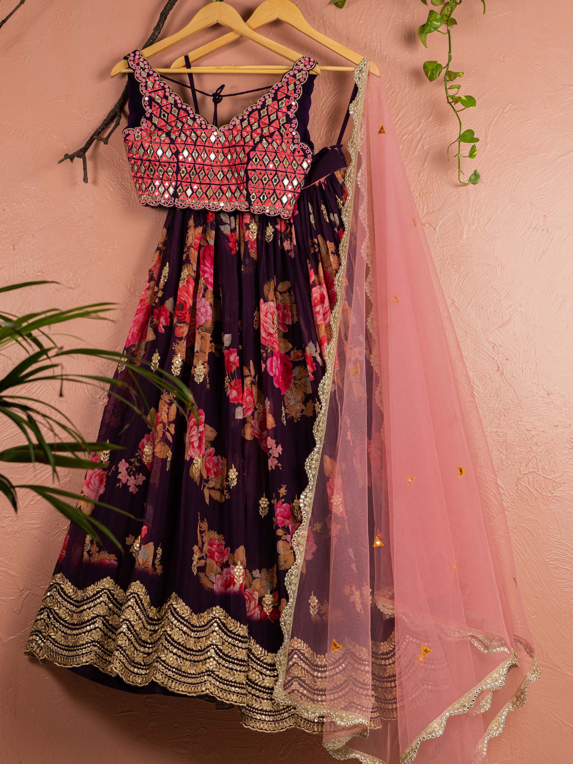 Violet Floral Mirror Lehenga Set with Light Pink Dupatta image 0