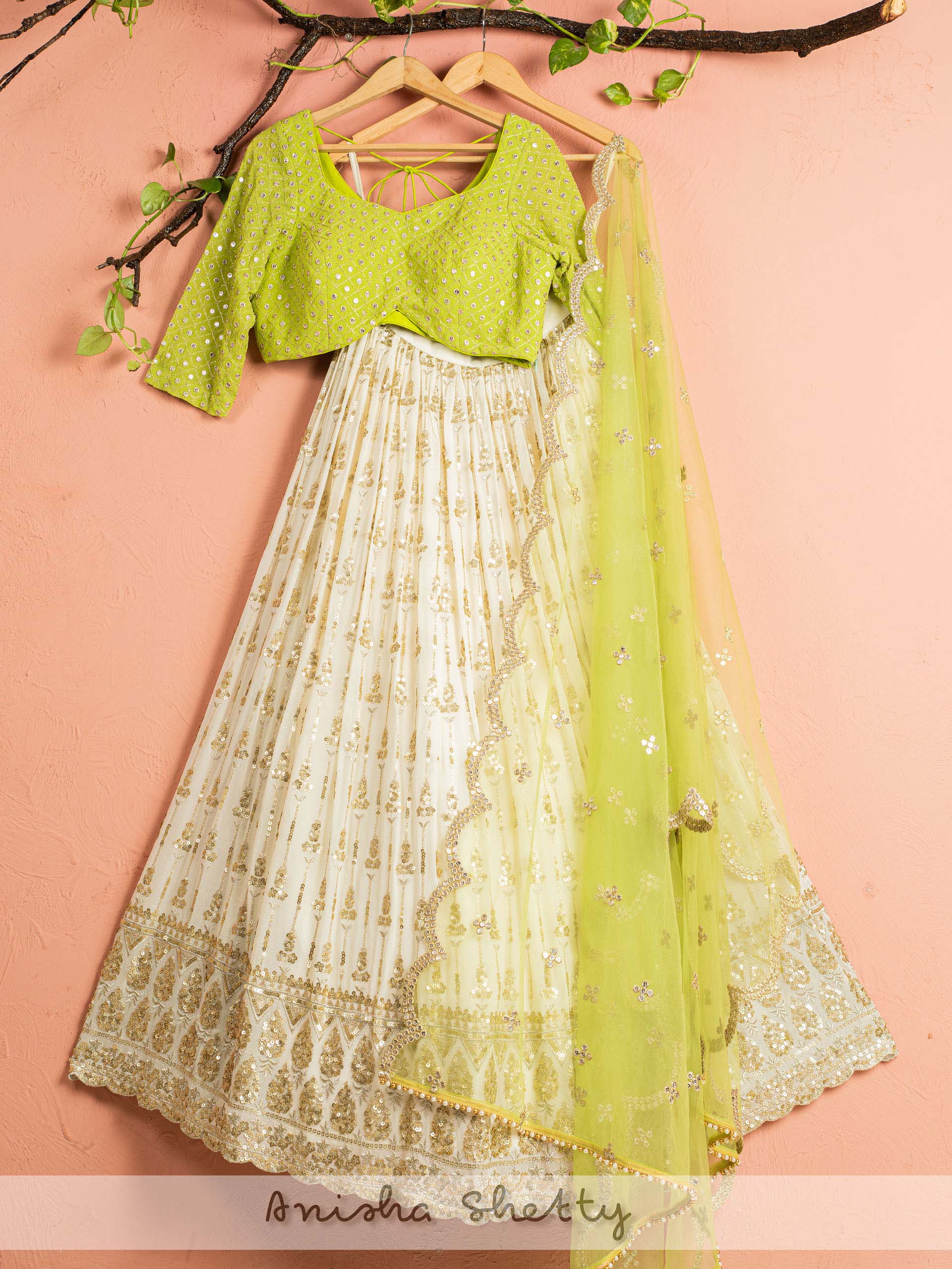 Ivory and Lime Green Lehenga Set image 0