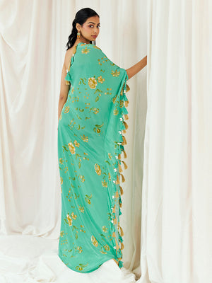 Turquoise Blue Printed Beaded Kaftan image 1