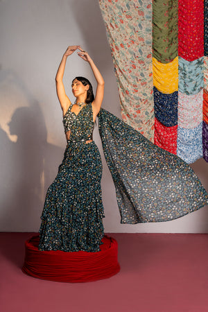 Royal Green Printed And Embroidered Drape Saree Set image 4