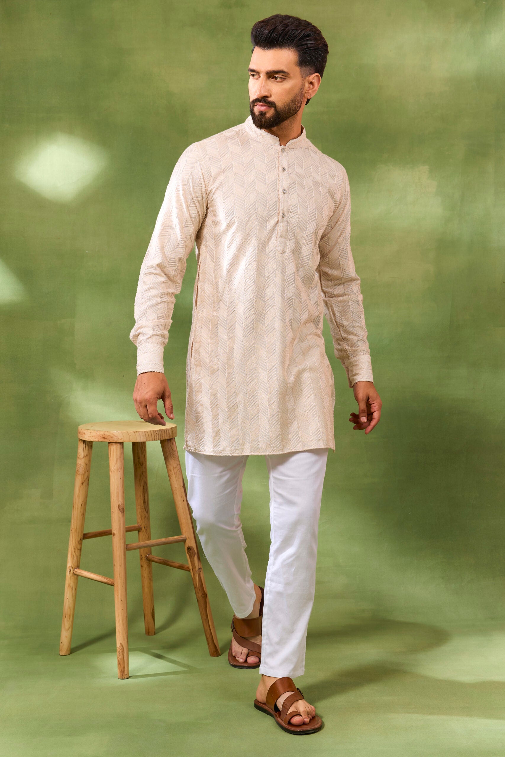 Beige Geometric Embroidered Kurta Set image 0
