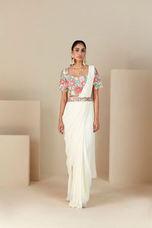 Thread Embroidered Off-White Pre-Drape Saree image 5