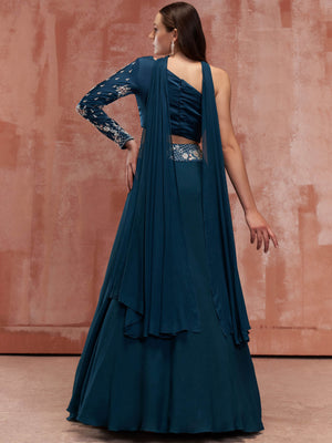 Teal Blue One Shoulder Lehenga Set image 4
