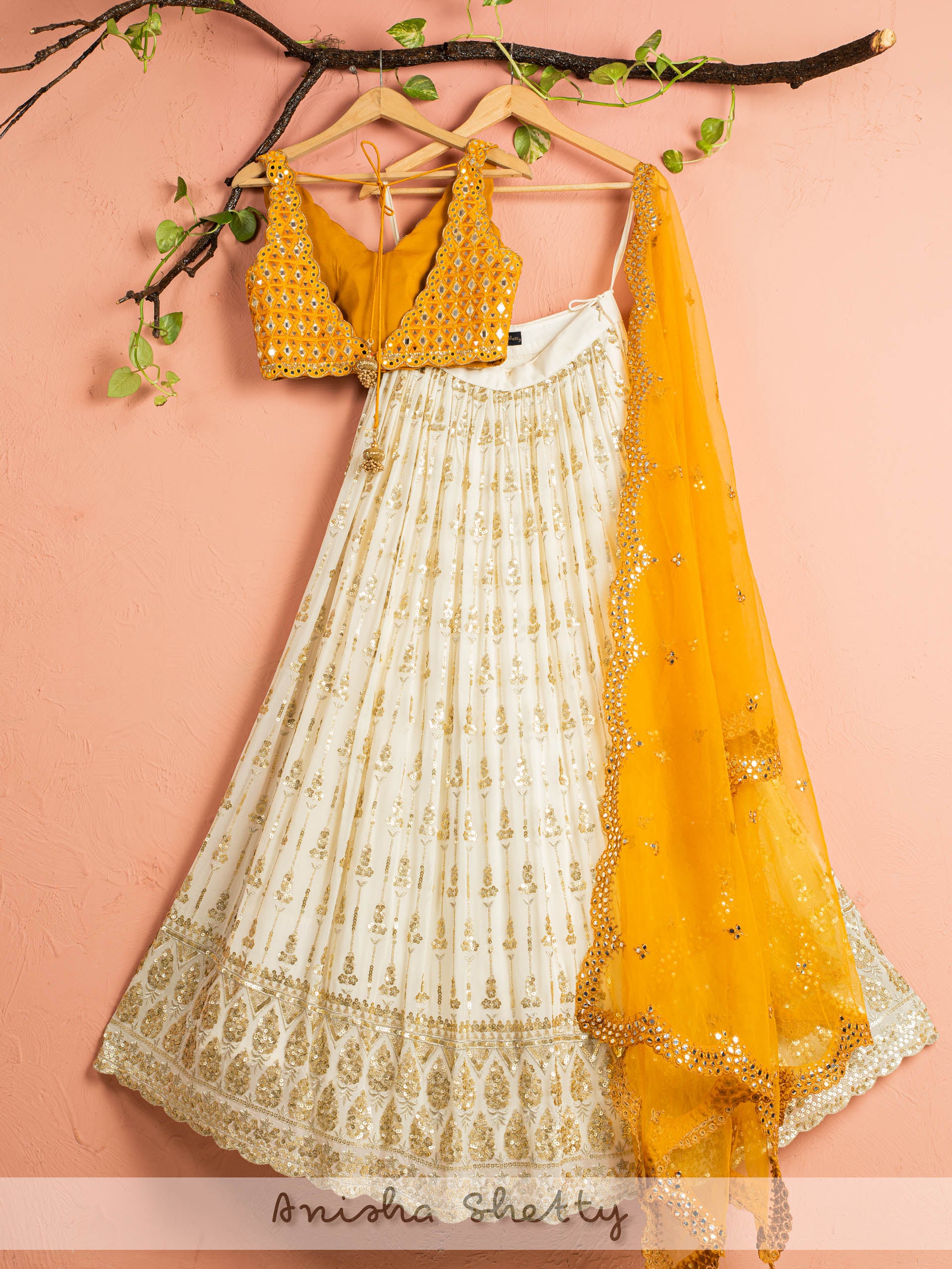Ivory and Yellow Mirror Lehenga Set image 1