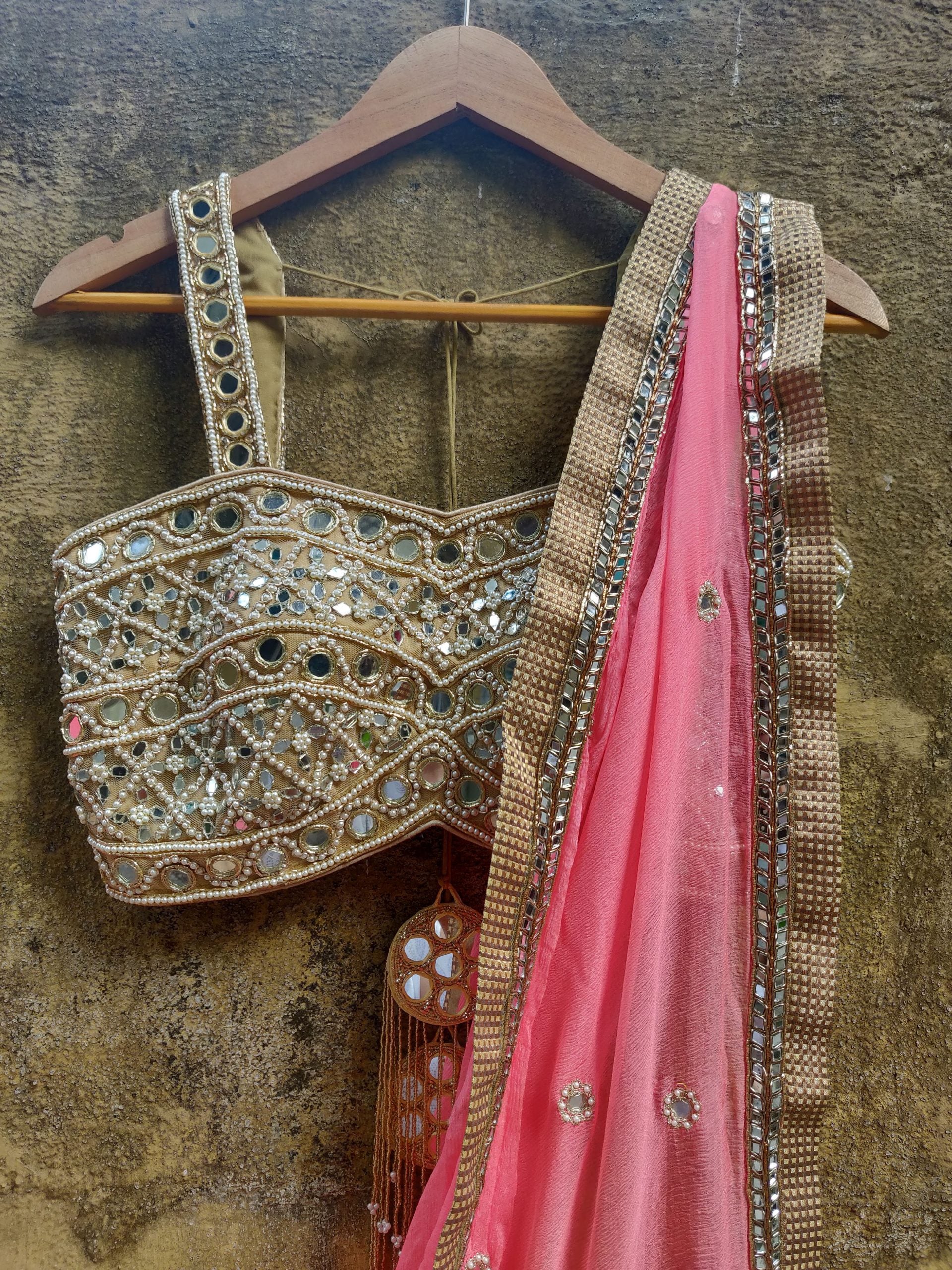 Peach Chiffon Saree with Mirror Bustier image 3